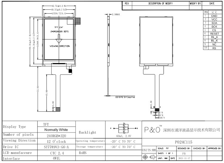 Polcd RoHS 2.4 ইঞ্চি Lcd Tft ডিসপ্লে ST7789V3 TFT LCD মডিউল 4 ওয়্যার SPI