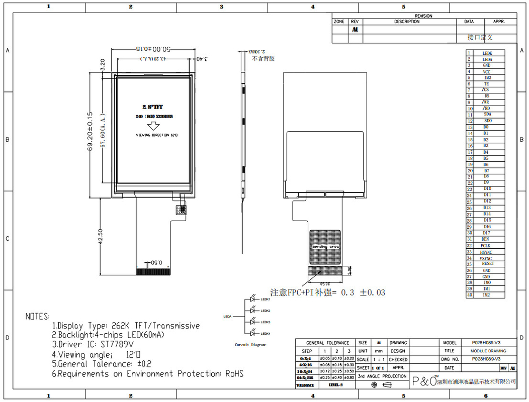 Polcd উচ্চ রেজোলিউশন 480x640 TFT LCD মডিউল 2.8 ইঞ্চি SPI RGB CTP ইন্টারফেসের সাথে