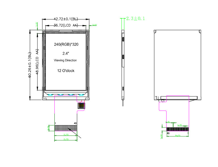 Polcd ST7789V 2.4 ইঞ্চি Tft ডিসপ্লে 12 0'CLOCK 240x320 Tft LCD প্যানেল স্ক্রিন