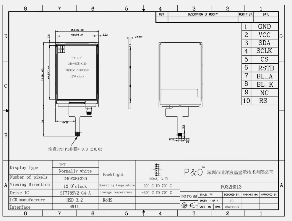 Polcd ST7789V 3.2 ইঞ্চি Tft Lcd কালার 262K TFT LCD ডিসপ্লে 48.6mm 12 0'CLOCK