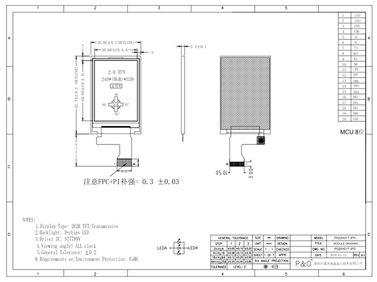 Polcd 262K 2.4Mm 2 ইঞ্চি Lcd স্ক্রীন ST7789V IPS TFT LCD ডিসপ্লে 240X320