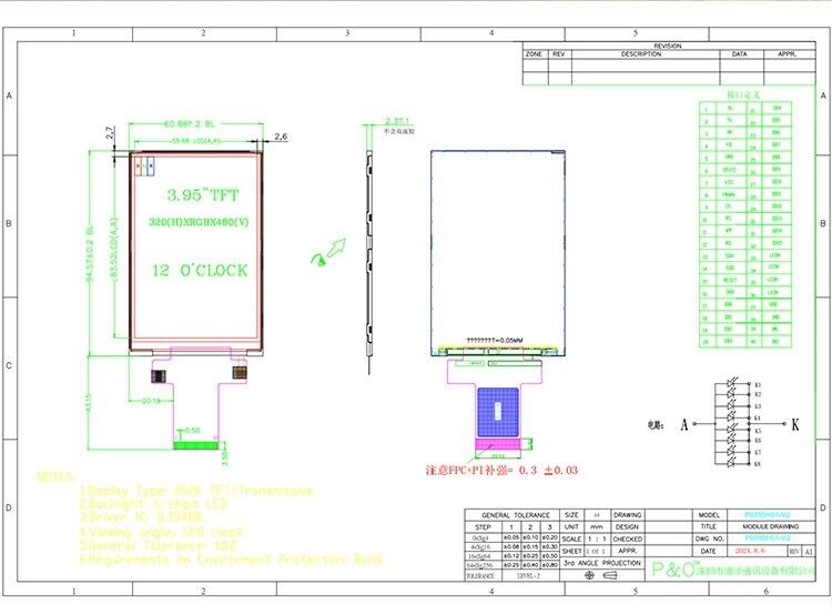 Polcd কাস্টম 3.95 ইঞ্চি 320x480 আইপিএস Tft এলসিডি আরজিবি ইন্টারফেস স্পর্শ সহ তরল স্ফটিক প্রদর্শন মডিউল
