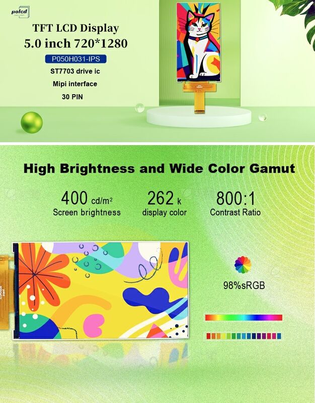 Polcd কাস্টম LCD 5.0 ইঞ্চি TFT প্যানেল আইপিএস এলসিডি স্ক্রিন 400nit 720x1280 এলসিএম ডিসপ্লে মডিউল