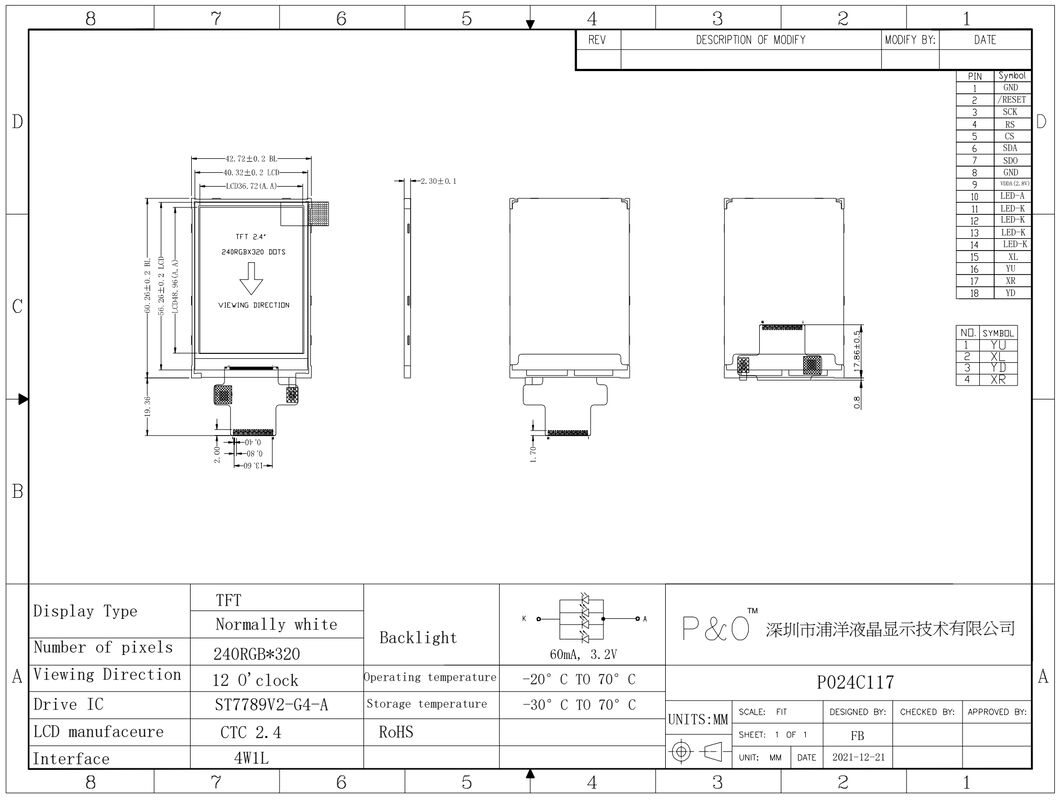Polcd 18 পিন 2.4 Spi Tft Lcd ডিসপ্লে ST7789V2 Tft টাচ স্ক্রিন ডিসপ্লে