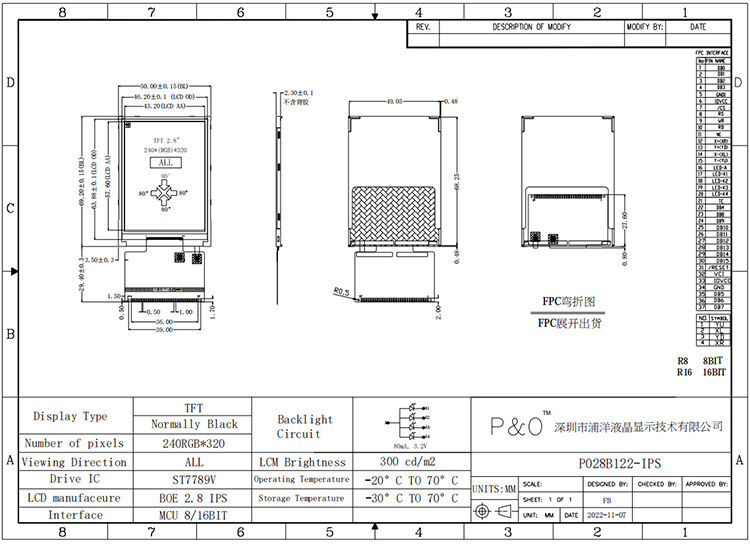 Polcd ছোট 2.8 ইঞ্চি 240x320 QVGA উচ্চ উজ্জ্বলতা 300nits SPI ইন্টারফেস আইপিএস টিএফটি প্রদর্শন