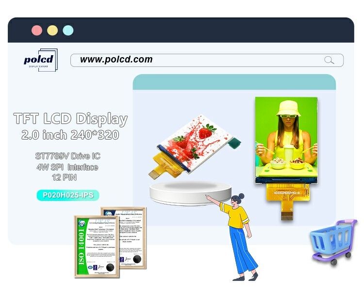 Polcd 240*320 2'' রঙিন LCD উচ্চ উজ্জ্বলতা SPI ইন্টারফেস আইপিএস টিএফটি অ্যাক্টিভ ম্যাট্রিক্স এলসিডি স্ক্রিন
