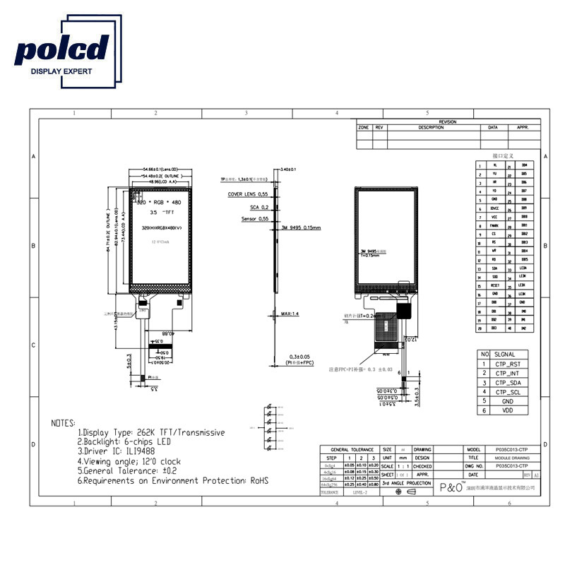 মেডিকেল অ্যাপ্লিকেশনের জন্য Polcd ST7796S 3.5 Lcd Tft ডিসপ্লে Rgb RoHS 18 বিট Lcd